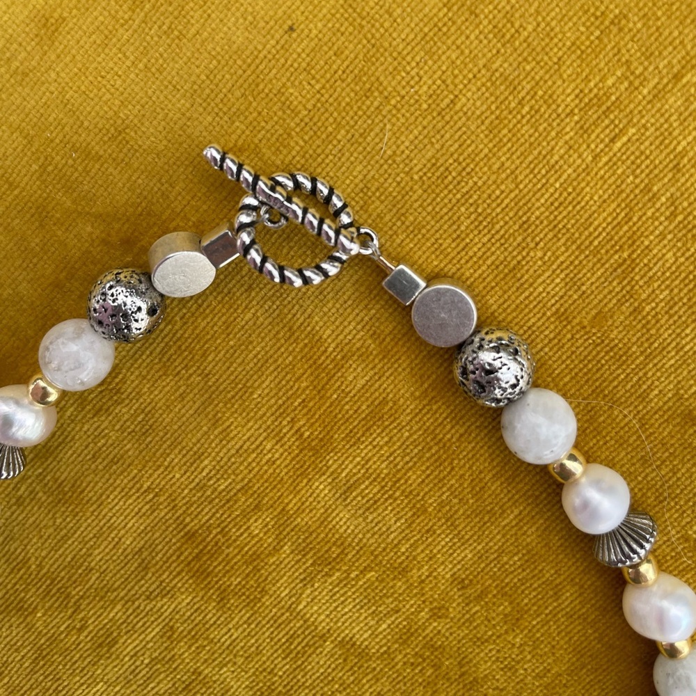Quartz Drop Beaded Pearl Gold Silver Toggle Clasp Necklace Choker 15” - Picture 3 of 4